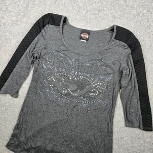 Harley Davidson Shirt Womens Large Gray Rhinestone Studded Quilted Moto Y2K Goth